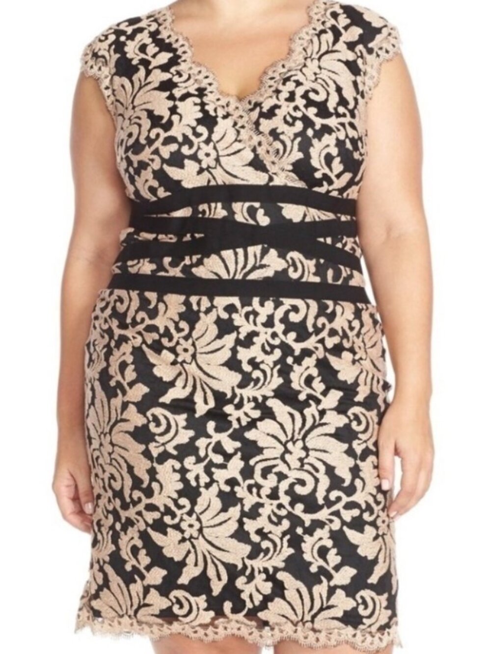 NWT Tadashi Shoji Ginseng Embroidered Lace Dress Black/Cream. Size 16P